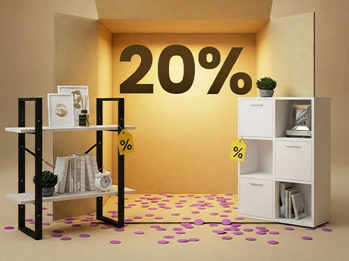 Minimalistinės juodo metalo ir &scaron;viesaus medžio lentynos su baltais kubiniais laikymo moduliais, pateiktos dėžės tipo ekspozicijoje, su 20% nuolaida laikymo baldams.