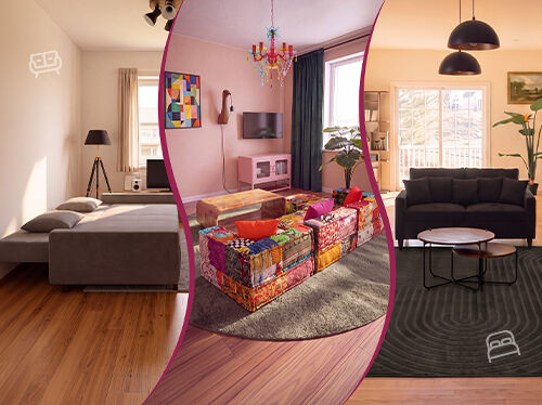 Koliažas su trimis sofų stiliais: moderni svetainė su tamsiomis sofomis, spalvinga skiautinio stiliaus modulinė sofa aplink kavos staliuką ir pilnai i&scaron;skleista pilka sofa-lova. Spustelėkite, kad peržiūrėtumėte sofų kolekciją.