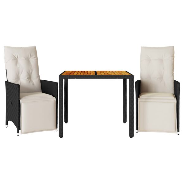 vidaXL Bistro komplektas su pagalvėlėmis, 3 dalių, juodas, poliratanas