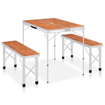 vidaXL Sulankstomas stalas su 2 suoliukais, rudas, aliuminis