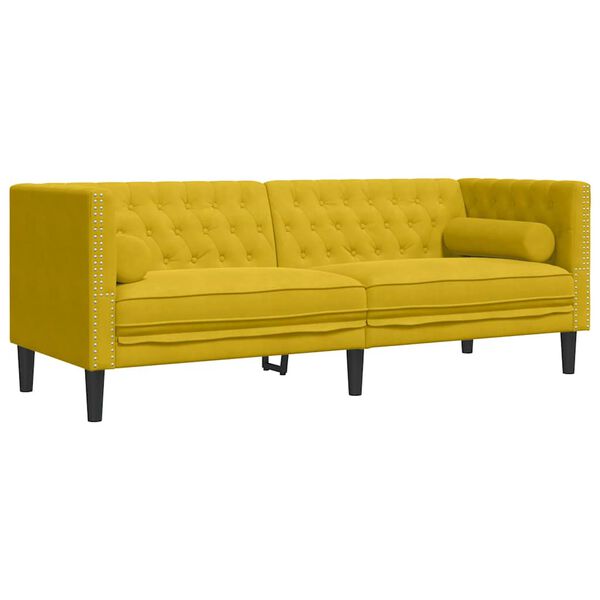 vidaXL Trivietė chesterfield sofa su pagalvėlėmis, geltona, aksomas
