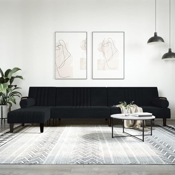 vidaXL L formos sofa-lova, juodos spalvos, 260x140x70cm, aksomas