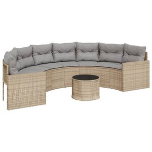 vidaXL Sodo sofa su stalu/pagalvėlėmis, smėlio, poliratanas, pusapvalė