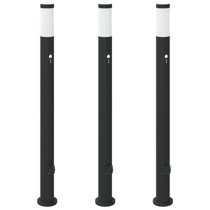 vidaXL Ap&scaron;vietimo stulpeliai su jutikliu ir lizdu, 3 vnt., 110 cm, nerūdijantis plienas, IP44