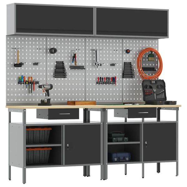 vidaXL Darbastalio komplektas su stalčių 8 pcs Juoda Plienas