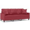 vidaXL Trivietė sofa su pagalvėlėmis, vyno, 180cm, dirbtinė oda