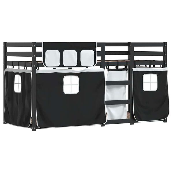 vidaXL Dviaukštė lova su užuolaidomis, balta/juoda, 90x190cm, pušis