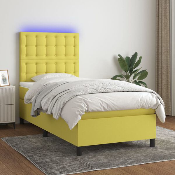 vidaXL Lova su spyruoklėmis/čiužiniu/LED, žalia, 90x200 cm, audinys