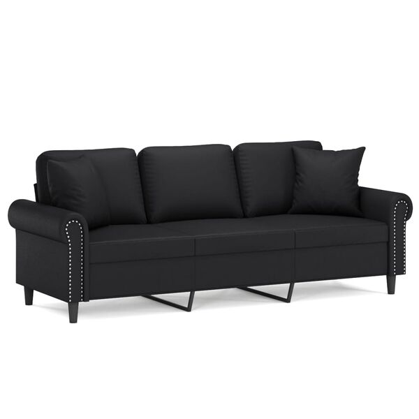 vidaXL Trivietė sofa su pagalvėmis, juoda, 180cm, dirbtinė oda