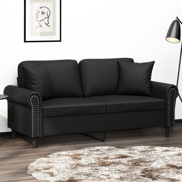 vidaXL Dvivietė sofa su pagalvėlėmis, juoda, 140cm, dirbtinė oda