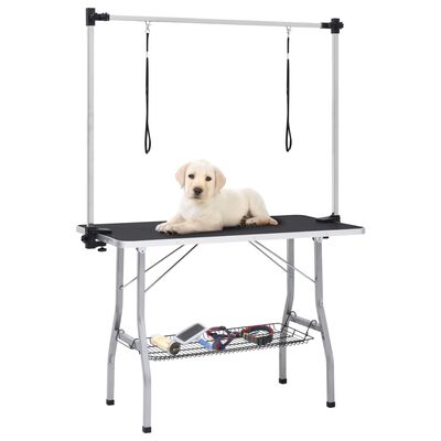 vidaXL Reguliuojamas šunų priežiūros stalas su 2 kilpomis ir krepšiu