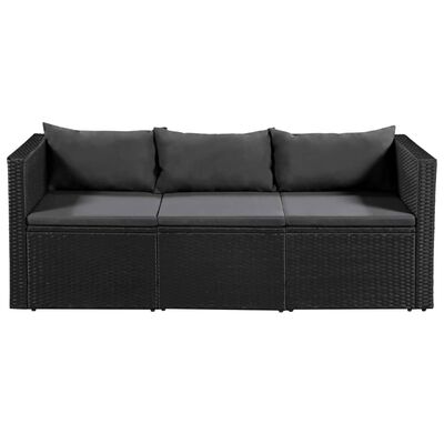 vidaXL Trivietė sodo sofa, juoda, poliratanas, su pilkomis pagalvėl.