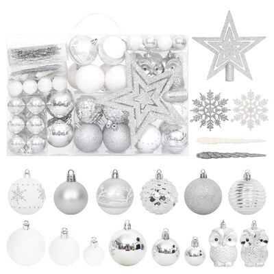 vidaXL Kalėdinių žaisliukų rinkinys, 108vnt., sidabriniai ir balti