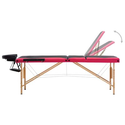 vidaXL Sulankstomas masažo stalas, juodas ir rožinis, mediena, 3 zonų