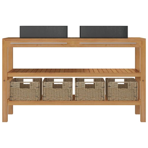 vidaXL Vonios spintelė su juodais praustuvais, tikmedis ir marmuras