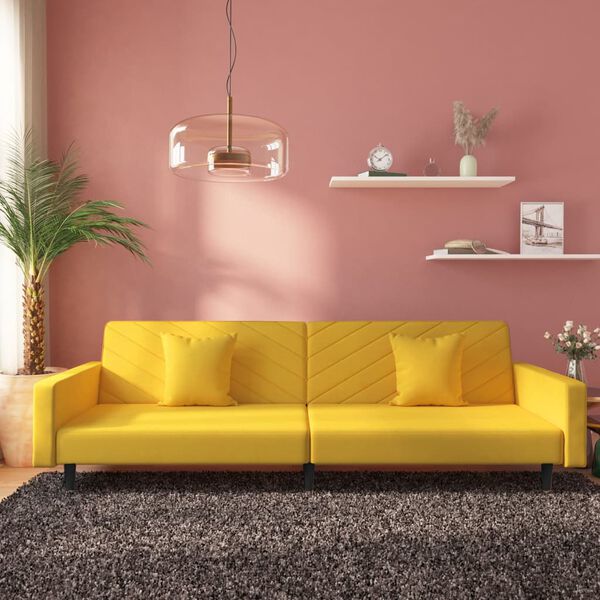 vidaXL Dvivietė sofa-lova su dvejomis pagalvėmis, geltona, aksomas