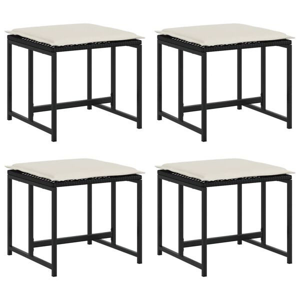 vidaXL Sodo taburetės su pagalvėlėmis, 4vnt., juodos, poliratanas