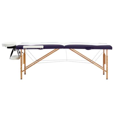 vidaXL Sulankstomas masažo stalas, baltas/violetinis, mediena, 2 zonų