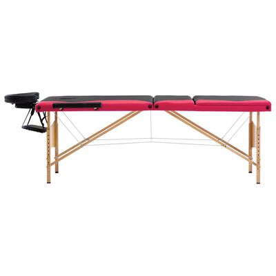 vidaXL Sulankstomas masažo stalas, juodas ir rožinis, mediena, 3 zonų