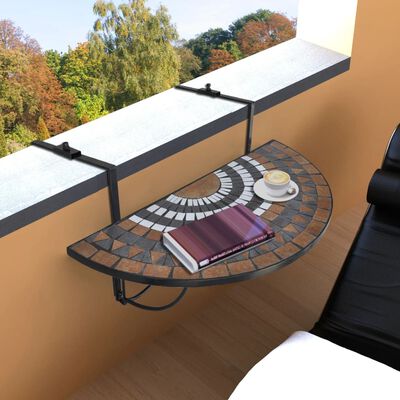 vidaXL Pakabinamas balkono staliukas, terakota ir baltas, mozaikinis