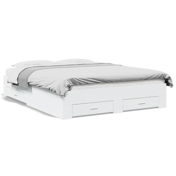 vidaXL Lovos rėmas su stalčiais, baltas, 140x200cm, apdirbta mediena