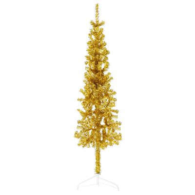 vidaXL Siaura dirbtinė pusinė Kalėdų eglutė su stovu, auksinė, 150cm