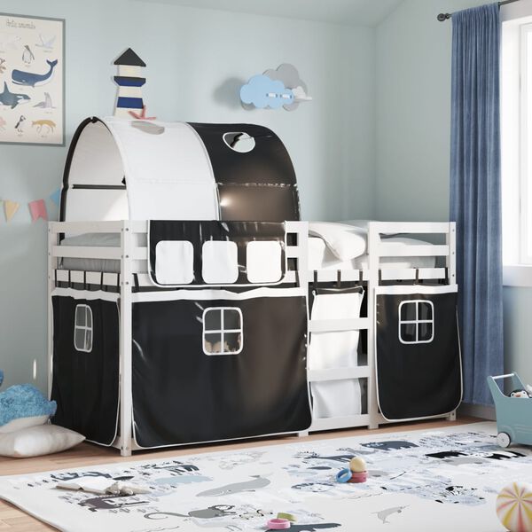 vidaXL Dviaukštė lova su užuolaidomis, balta/juoda, 80x200cm, pušis