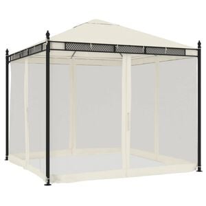 vidaXL Pavėsinė su tinklinėmis sienomis, kreminė, 2,93x2,93m, plienas