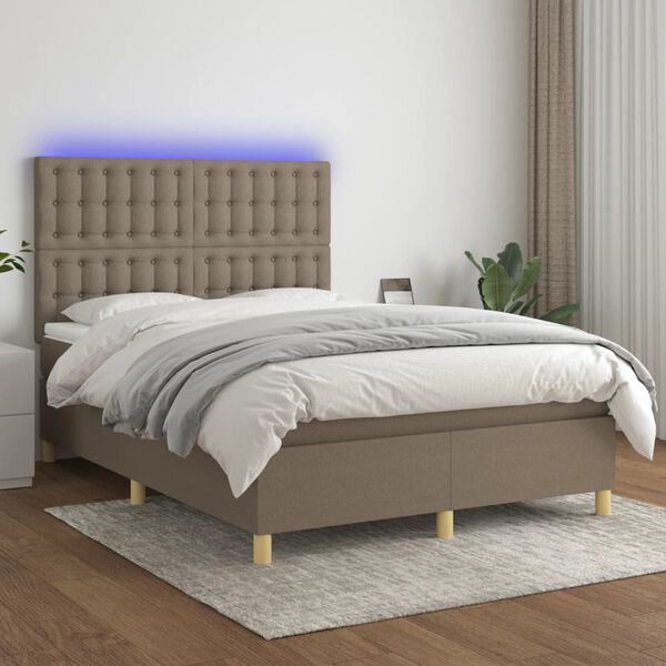 vidaXL Lova su spyruoklėmis/čiužiniu/LED, taupe, 140x190 cm, audinys