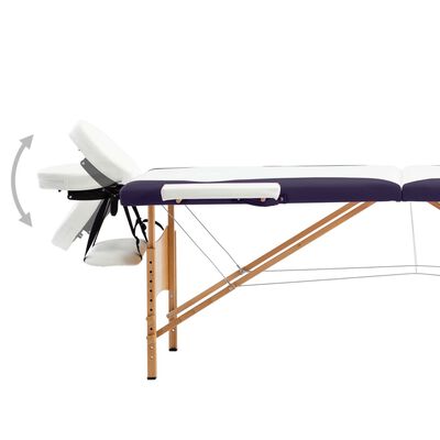 vidaXL Sulankstomas masažo stalas, baltas/violetinis, mediena, 2 zonų