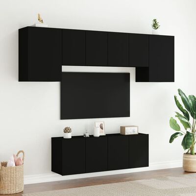 vidaXL Sieninė TV sekcija, 6 dalių, juodos spalvos, apdirbta mediena