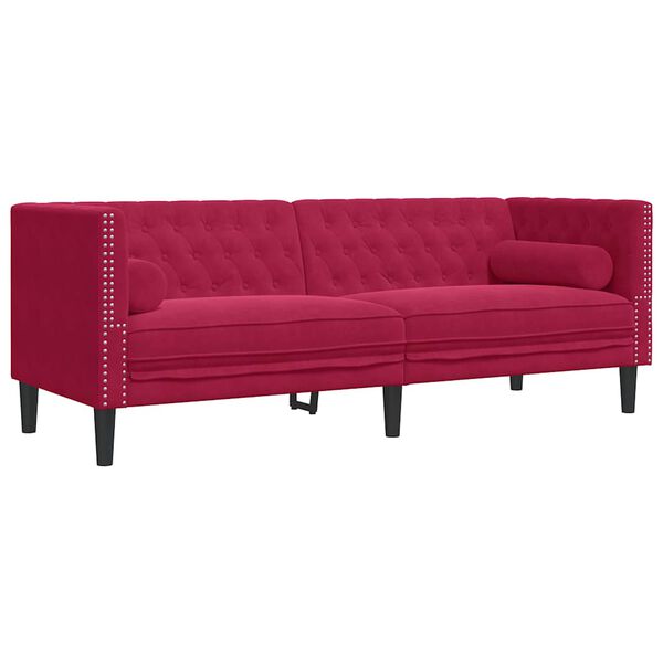 vidaXL Trivietė chesterfield sofa su pagalvėlėmis, raudona, aksomas