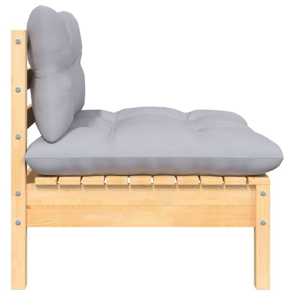 vidaXL Vidurinė sodo sofos dalis su pilkomis pagalvėlėmis, pušis