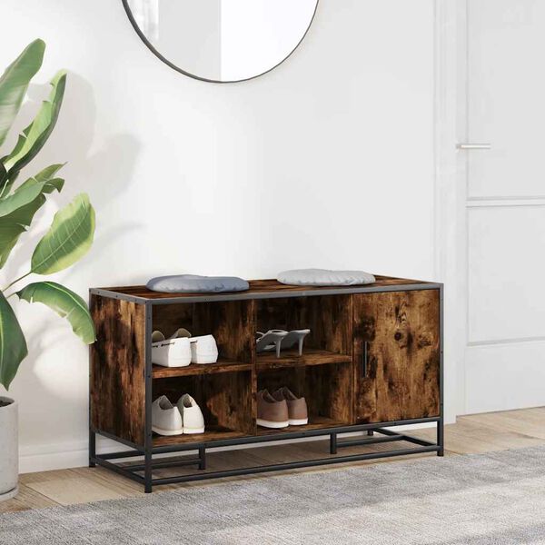 vidaXL Batų suoliukas, dūminio ąžuolo, 100x40x53,5 cm, mediena/metalas