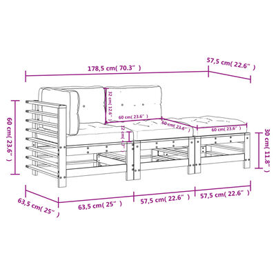 vidaXL Sodo komplektas su pagalvėlėmis, 3 dalių, baltas, mediena