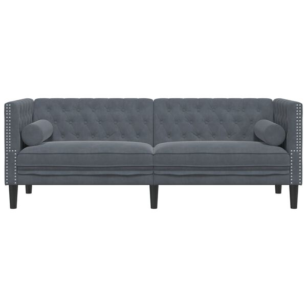 vidaXL Trivietė chesterfield sofa su pagalvėlėmis, pilka, aksomas