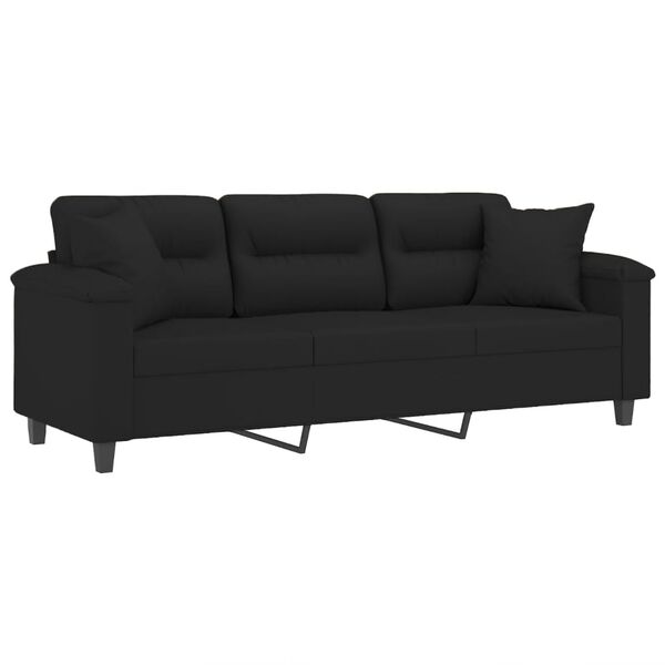 vidaXL Trivietė sofa su pagalvėmis, juoda, 180cm, mikropluošto audinys