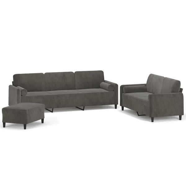 vidaXL Sofos komplektas su pagalvėmis, 3 dalių, pilkas, aksomas