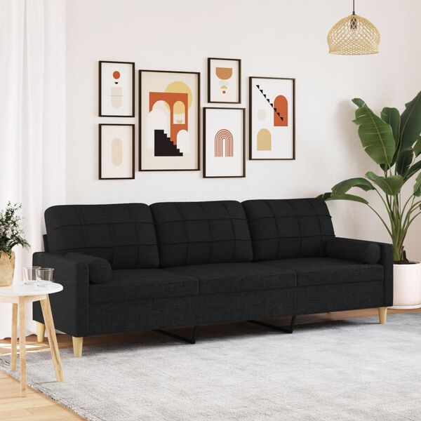vidaXL Trivietė sofa su pagalvėlėmis, juodos spalvos, 210cm, audinys