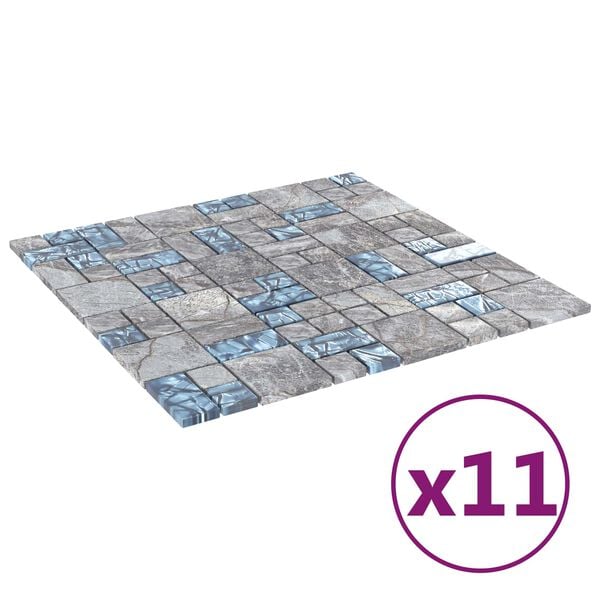 vidaXL Mozaikos plytelė 11 pcs Pilka ir mėlyna 50 x 50 cm Stiklas