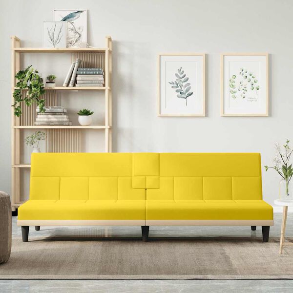 vidaXL Sofa-lova su puodelių laikikliais, šviesiai geltona, audinys