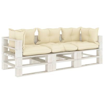 vidaXL Trivietė sodo sofa iš palečių su kreminėmis pagalvėmis, mediena