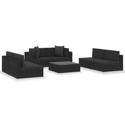 vidaXL Poilsio komplektas su pagalvėlėmis, 7 dalių, juodas, ratanas
