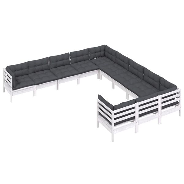 vidaXL Sodo komplektas su pagalvėmis, 11 dalių, baltas, pu&scaron;ies mediena