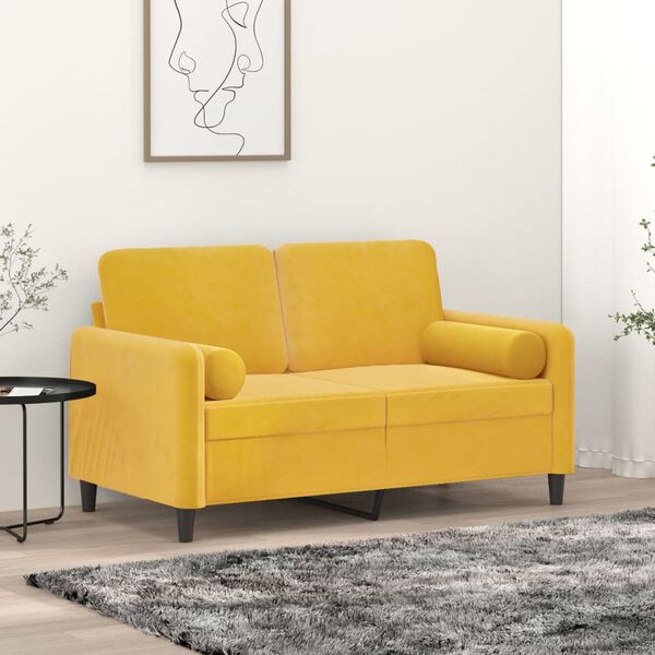 vidaXL Dvivietė sofa su pagalvėmis, &scaron;viesiai geltona, 120cm, aksomas