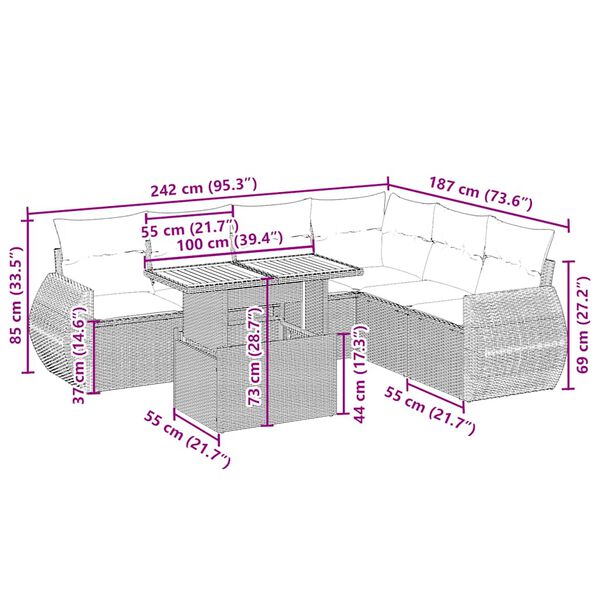 vidaXL Sofos komplektas su pagalvėlėmis, 7 dalių, smėlio, poliratanas