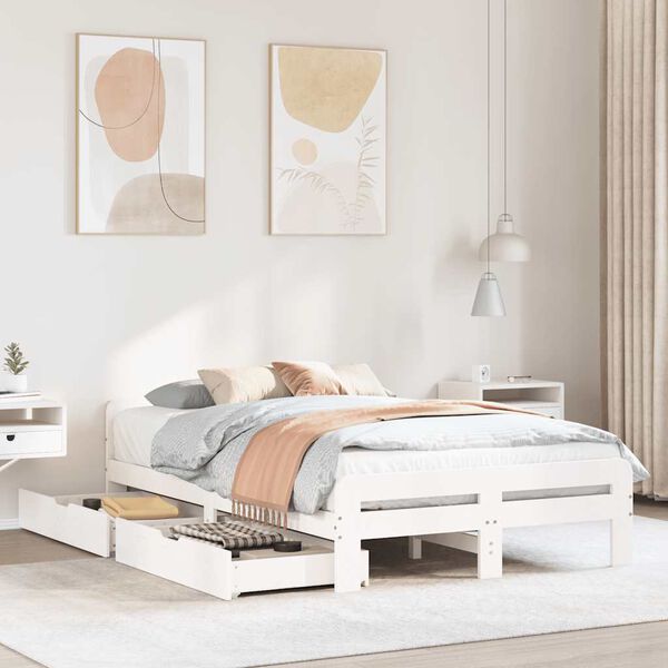 vidaXL Lovos rėmas be čiužinio, baltas, 135x190cm, pu&scaron;ies masyvas