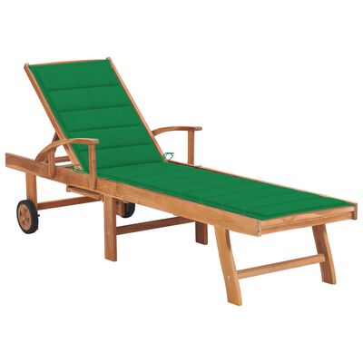 vidaXL Saulės gultas su žaliu čiužiniu, tikmedžio medienos masyvas