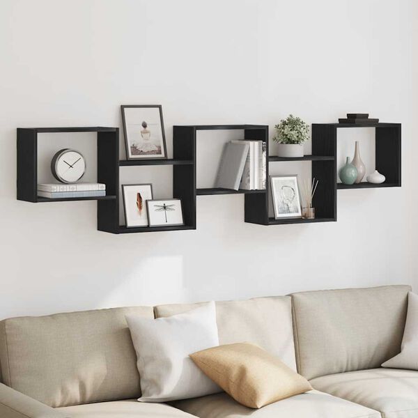 vidaXL Sieninė lentyna, 5 skyrių, juodos spalvos, mediena, kubo formos