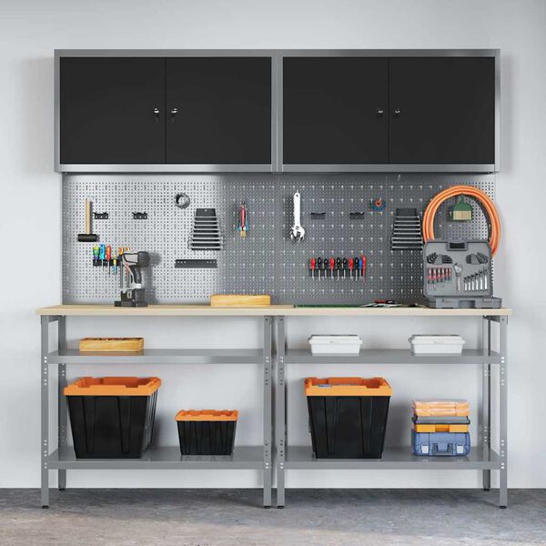 vidaXL Darbastalio komplektas su lentyna su saugykla Pilka Plienas